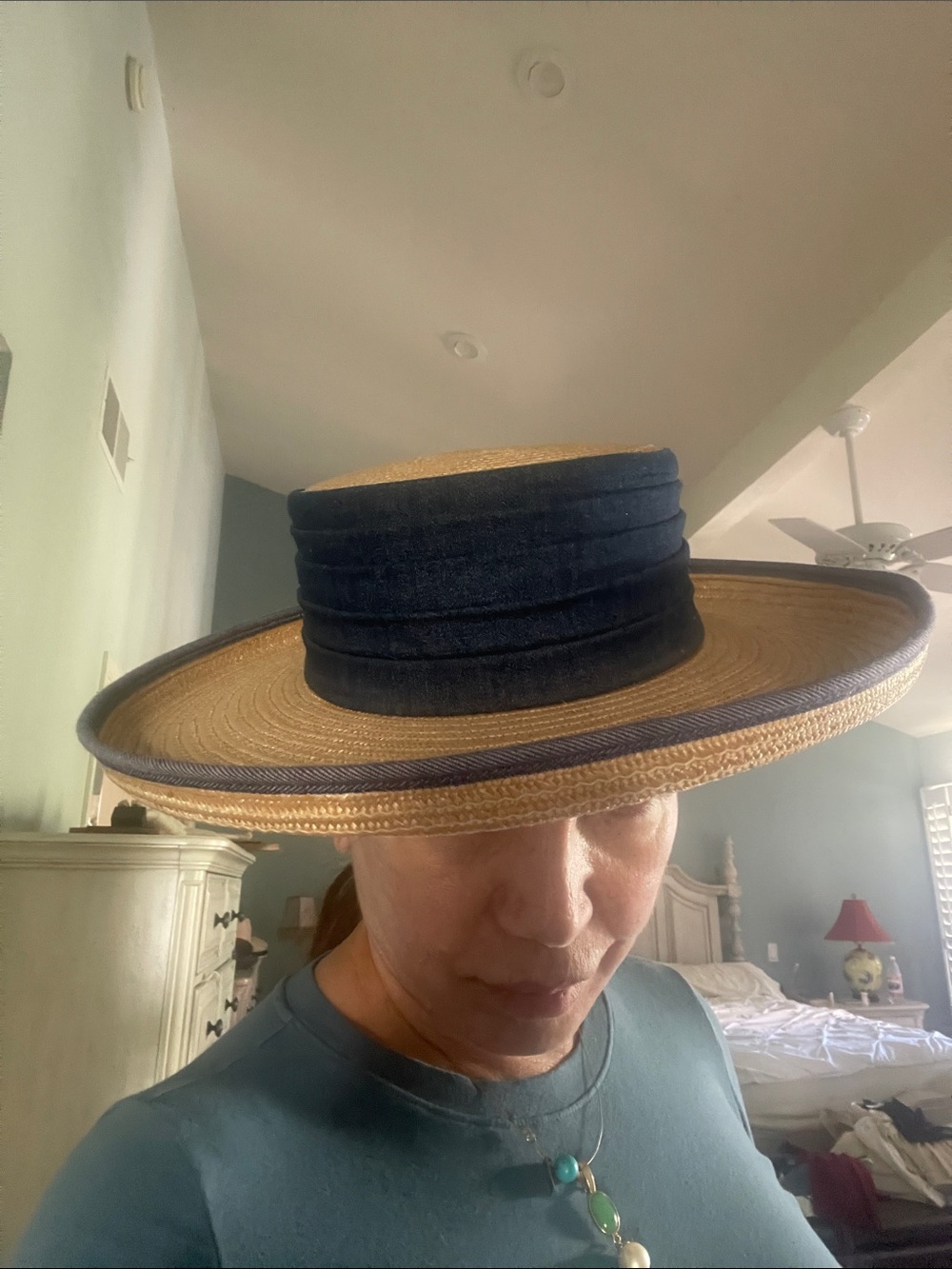Vintage Kokin New York Straw Boater Hat with Navy Band - Classic Accessory